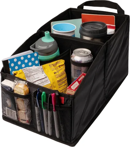 Lusso Gear Organizador de asiento de automóvil, portavasos integrados y bolsillos de malla, organizador plegable para asiento trasero con asas,