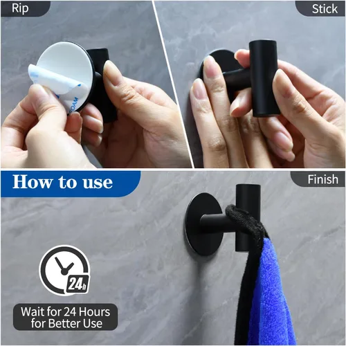 Miniatura 6 de Mdvora Paquete de 4 ganchos adhesivos negros mate, acero inoxidable para dormitorio, cocina, hotel, oficina