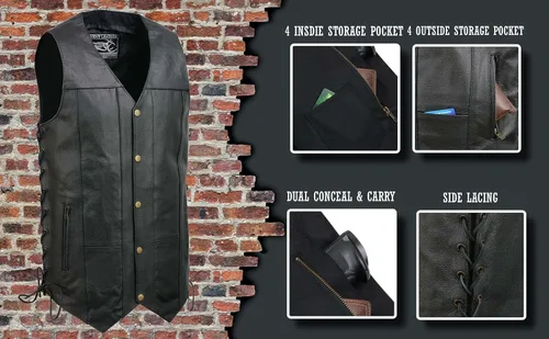 Miniatura 2 de EVENT LEATHER EL5391TALL - Chaleco de cuero negro para hombre, tallas altas con 10 bolsillos, chalecos de motocicleta para adultos