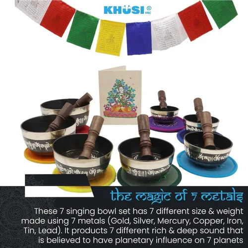 Miniatura 7 de KHUSI - Juego de 7 cuencos tibetanos, Thadobati, hechos a mano, con mantra grabado para yoga, curación de chakras, relajación, alivio del estrés