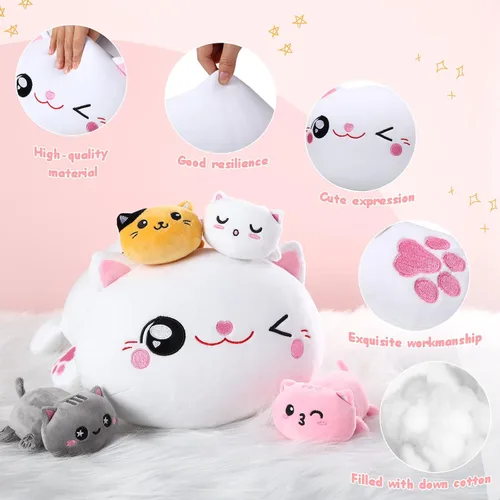 Miniatura 2 de Libima 5 piezas de animales de peluche de gato de Navidad con bebés dentro del vientre, 1 gato de peluche mamá con 4 gatitos juguetes de peluche