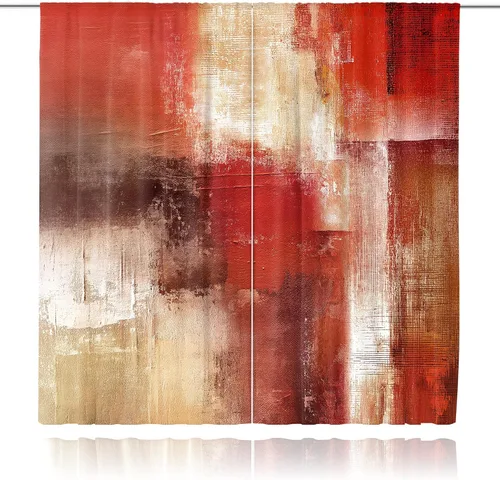 Miniatura 3 de MESHELLY Cortinas Rojas Abstractas 42Wx63H Pulgadas Bolsillo para Varilla Bloques Rústicos Borgoña Marrón Pintura al Óleo Casa de Campo Dormitorio
