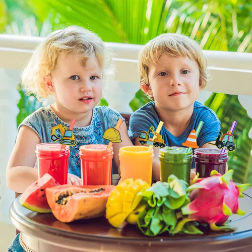 Miniatura 4 de Suministros reutilizables para fiesta de cumpleaños con tema de construcción - 16 piezas de pajitas de plástico para beber con temática