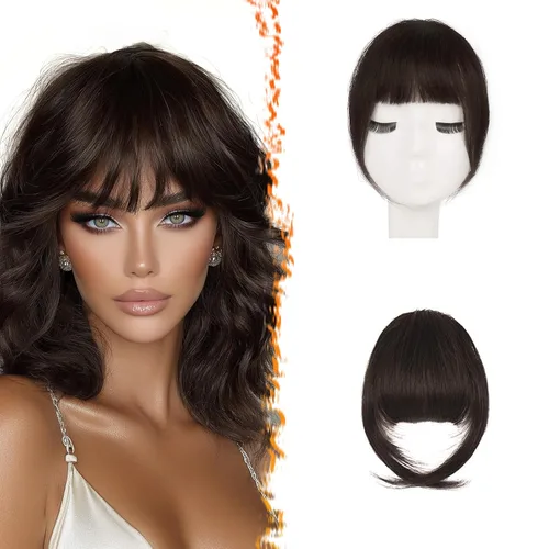 Miniatura 26 de BARSDAR Flequillo postizo de pelo humano real - Flequillo postizo 100% pelo humano para mujeres - Extensiones de flequillo ondulado castaño rojizo