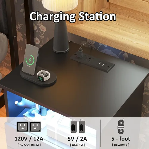 Miniatura 6 de Juego de 2 mesitas de noche negras con estación de carga, luces LED, mesa auxiliar con 3 cajones, mesa auxiliar moderna con tiras USB