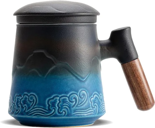 Miniatura 19 de ZENS Taza de Té de Cerámica en Relieve con Infusor y Tapa, 14.5 oz, Asa de Madera, Tazas Infusoras de Té de Hojas Sueltas y Colador para Regalos