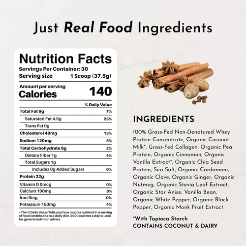 Miniatura 7 de JUST INGREDIENTS Chai Proteína en polvo – Mezcla de 30 porciones con suero 100% alimentado con pasto y proteínas vegetales orgánicas – Sabor cálido