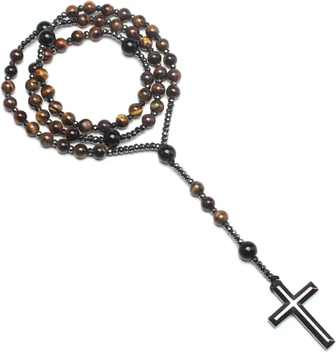 Miniatura 4 de Rosary for Men, Cross Necklace for Men, Tiger Eye Black Obsidian Rosary Beads for Women, Rosarios Catolicos