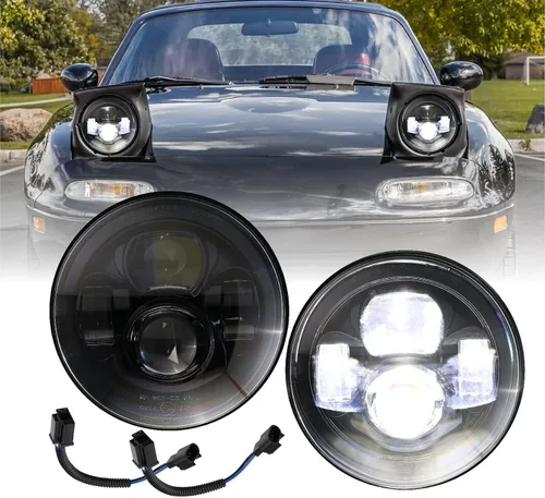 USR 90-97 Miata MX-5 NA 7” Pulgadas Redondas H6024 Faros LED Proyector H6014 Negro Carcasa 6024 Haz Alto/Bajo Sellado (Par) Compatible con Mazda