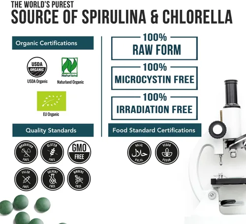 Miniatura 6 de Tabletas orgánicas de espirulina y clorella – 4 certificaciones orgánicas, crudas, no irradiadas – 50/50 mezcla de algas verdes azules – Contenido