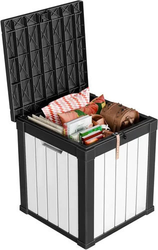 Miniatura 40 de Caja de cubierta para exteriores de 120 galones, cajas de almacenamiento impermeables con cerradura para herramientas de jardín, cojines de Gris