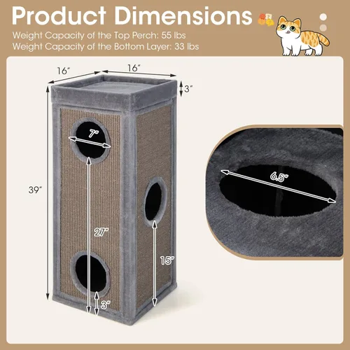 Miniatura 4 de Tangkula Condominio de árbol para gatos de 4 pisos, casa para gatos multicapa de 39 pulgadas con almohadilla de sisal para rascar, 3 escondites