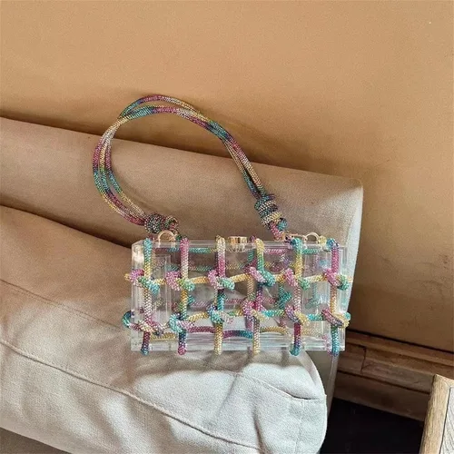 Miniatura 4 de Bolso de acrílico transparente con diamantes de imitación, bolso de mano de noche brillante, bolso anudado adornado con cristal para cóctel, fiesta
