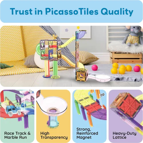 Miniatura 8 de PicassoTiles Juego de 121 azulejos magnéticos de pista de carreras de mármol 3 en 1, juego de construcción de carreras de automóviles, aprendizaje