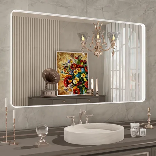 Miniatura 70 de Espejo de baño LED de 60x36 pulgadas con marco negro, espejos de baño retroiluminados y con luz frontal para pared, antiempañamiento, regulable