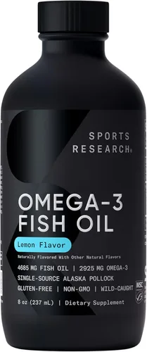Sports Research® Aceite de Pescado Omega-3, Botella de Vidrio de 8 oz - 4685mg de Aceite de Pescado de Abadejo de Alaska Capturado Silvestre por