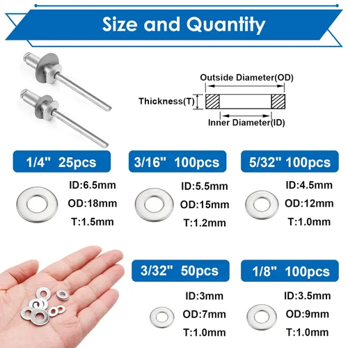 Miniatura 2 de 375 piezas de arandelas de remache pop plateadas, kit surtido para remaches pop de diámetro 3/32", 1/8", 5/32", 3/16", 1/4" de acero inoxidable 304