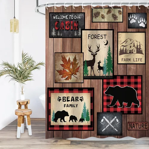 Miniatura 10 de RosieLily Cortina de ducha de cabaña, cortina de ducha rústica, cortinas de ducha de oso y ciervo, cortinas de ducha con 12 ganchos, juego