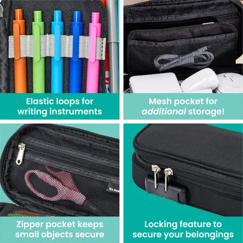 Miniatura 4 de It's Academic Estuche para lápices con bloqueo, para suministros escolares y de oficina, bolsa organizadora de viaje, compacta, de alta capacidad