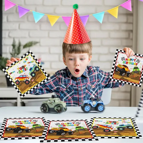 Miniatura 4 de Servilletas Monster Trucks, suministros de fiesta de cumpleaños de Monster Machine, 40 servilletas de camión de máquina de feliz cumpleaños