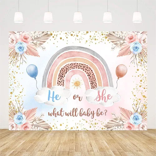 Miniatura 2 de Sendy Fondo bohemio de 7 x 5 pies para revelación de género, diseño de arco iris, decoración de fiesta de baby shower, anuncio de embarazo, pancarta