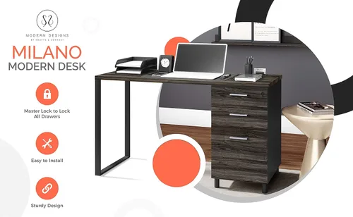 Miniatura 6 de Crafts and Comfort - Escritorio para computadora de oficina Milano de diseño moderno con 3 cajones de bloqueo, escritorio de madera industrial gris
