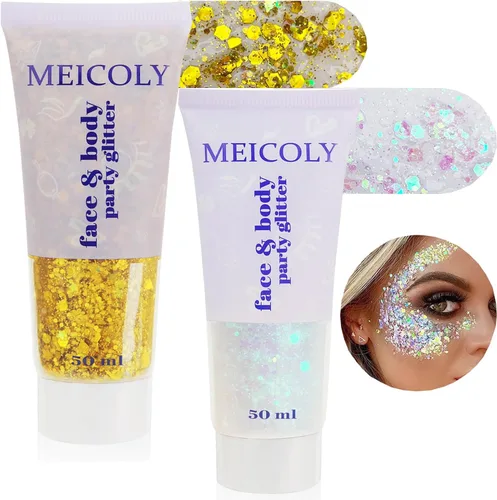 Miniatura 14 de MEICOLY Juego de purpurina negra y blanca transparente, gel de purpurina de cara de sirena, accesorios para festivales de cantantes, accesorios