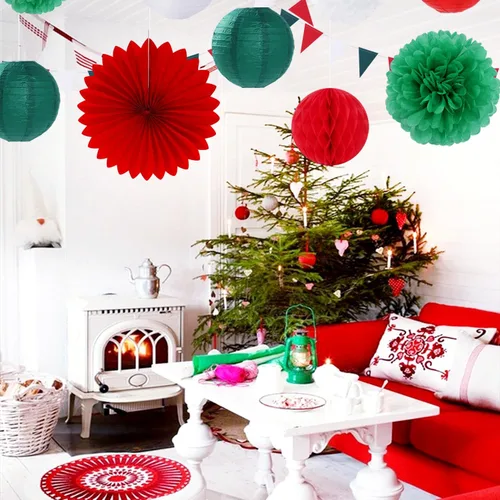 Miniatura 4 de Decoraciones de Fiesta de Navidad Rojo Verde-Blanco - 20 piezas Farolillos de Papel Mexicanos Italianos Abanicos, Pompones de Papel de Seda, Bolas