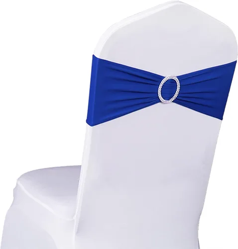 Miniatura 31 de Paquete de 50 unidades de cintas elásticas de elastano azul polvoriento para sillas, con moños, bandas de cubierta de silla elásticas, hebillas Azul