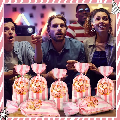 Miniatura 8 de 200 bolsas de palomitas de maíz, bolsas de plástico para máquina de palomitas de maíz, recipientes de maíz con lazos giratorios para carnaval, Rosa