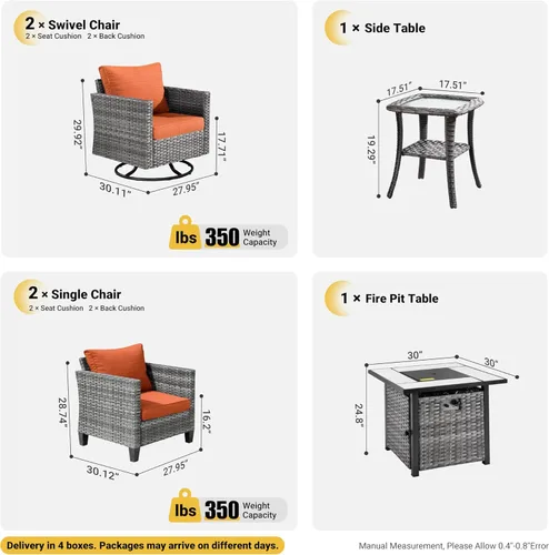 Miniatura 8 de ovios Juego de muebles de patio de 6 piezas, sillas giratorias de mimbre para exteriores con mesa para fogatas de 30 pulgadas, juego de mecedoras