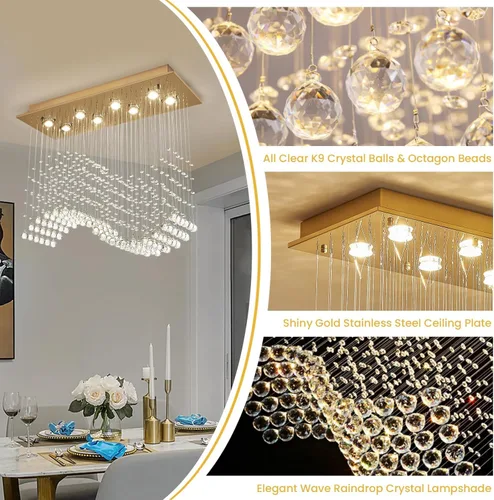 Miniatura 8 de Siljoy Candelabro de Cristal Rectangular Dorado para Comedor, 31.5'' Candelabro de Cristal Moderno con Gotas de Lluvia Onduladas, Lámpara Colgante