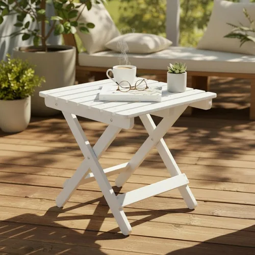 Miniatura 6 de Shine Company Mesa auxiliar cuadrada de madera maciza plegable, mesa de patio pequeña Adirondack al aire libre, color blanco cáscara de huevo Blanco