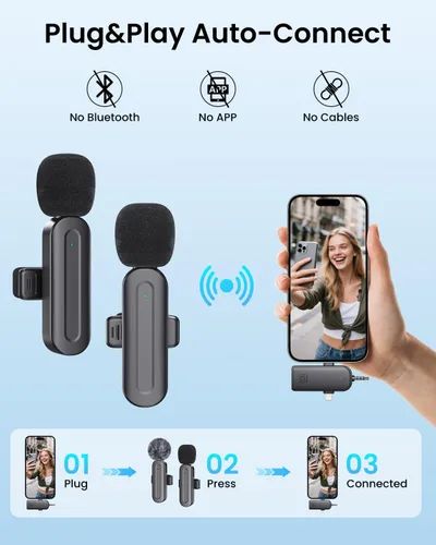 Miniatura 3 de Micrófono Lavalier inalámbrico 3 en 1 para iPhone: micrófono de solapa Bluetooth para iPad Android Phone Camera Pc - Micrófonos de clip pequeño