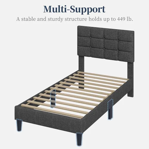 Miniatura 6 de Yaheetech Upholstered Bed Frame, Modern Twin Bed Platform with Square Stitched&Button Tufting Headboard Height Adjustable, Wooden Slats Support, No