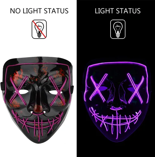 Miniatura 2 de Poptrend Máscara de Halloween con luz LED para festivales, cosplay, disfraces de Halloween, fiestas de máscaras, carnaval, regalos Morado