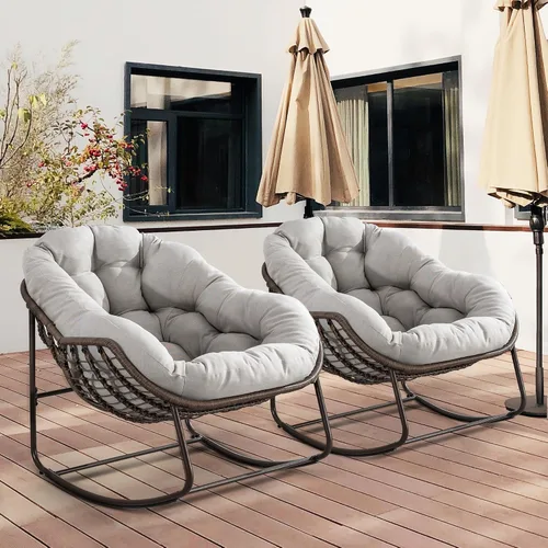 Miniatura 8 de HOMEFUN Juego de 2 mecedoras para patio al aire libre, sillas Papasan Rock de gran tamaño para interiores con cojín acolchado, asiento de huevo