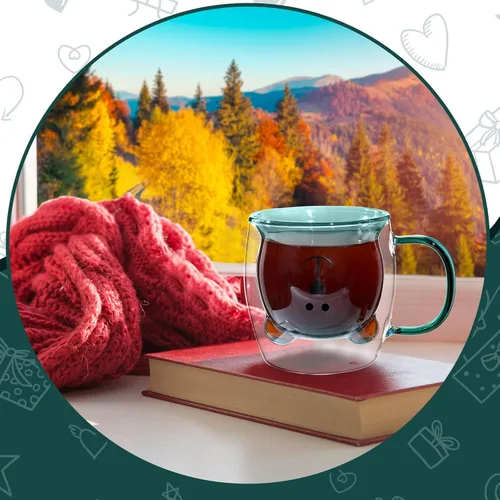 Miniatura 6 de Patelai Linda taza de oso con aislamiento de doble pared de vidrio para té, leche y café con asa, taza de espresso aislada, taza de cerveza de Verde