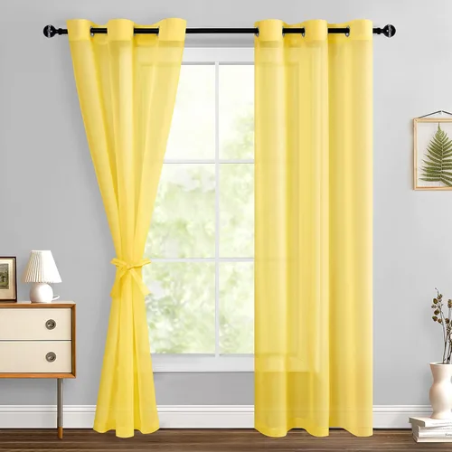 Miniatura 137 de Hiasan - Cortinas traslúcidas de gasa cortas semitransparentes con ojales y alzapaños filtrantes de luz para ventana, dormitorio, baño, 2 paneles