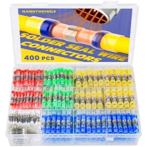 haisstronica Kit de 400 conectores de alambre de sellado de soldadura, conectores de alambre termorretráctiles de grado marino de calibre 26-10,