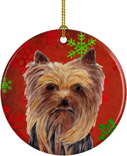 Miniatura 20 de Caroline's Treasures Bulldog English - Copos de nieve rojos y verdes, adorno de cerámica de Navidad, decoración colgante para el hogar, Navidad