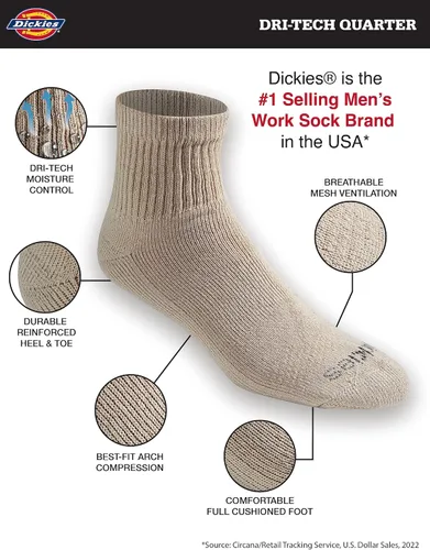 Miniatura 6 de Dickies Calcetines Dri-Tech para hombre con control de humedad, disponibles en tallas M-XXL (6, 12, 18 pares)