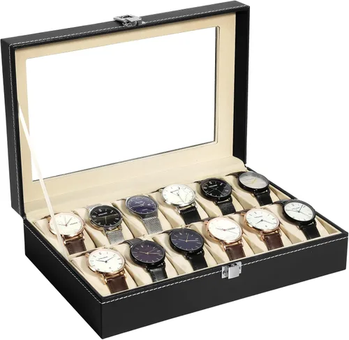 Uten Organizador de relojes, caja de poliuretano con 12 ranuras y tapa de cristal, regalo del día de San Valentín, caja de exhibición de reloj con