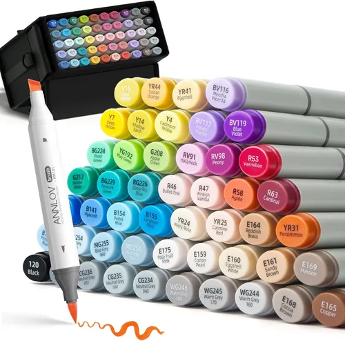 ANNLOV - Marcadores de alcohol con punta de pincel, 50 colores de doble punta con pincel suave y punta de cincel, tonos de piel y licuadora, estuche