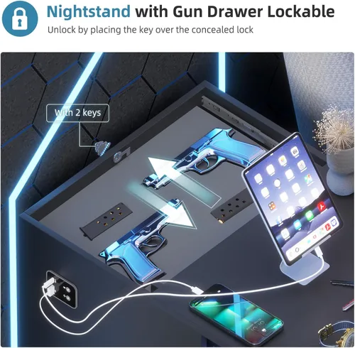 Miniatura 3 de Gurexl Juego de 2 mesitas de noche con estación de carga para dormitorio, mesa auxiliar con cajón secreto para armas, moderna mesa auxiliar LED