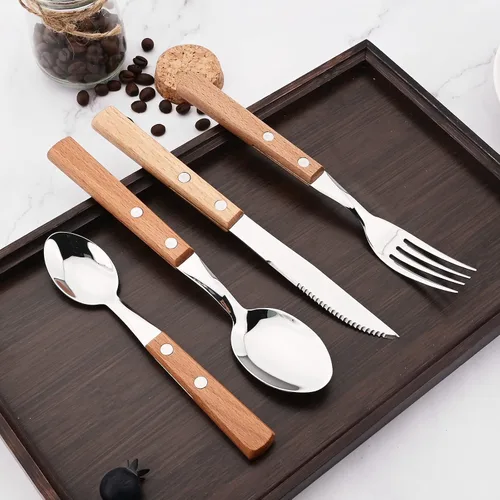 Miniatura 5 de Juego de cubiertos de madera de acero inoxidable 304 con mango ancho, juego de cubiertos de madera duradera, utensilios reutilizables, espejo