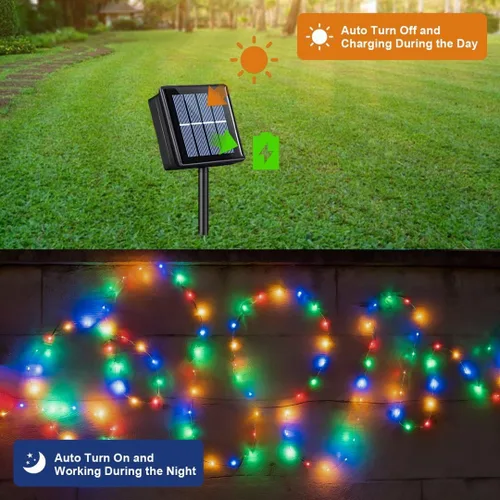 Miniatura 2 de QITONG Luces solares de Navidad multicolor para exteriores, paquete de 2 unidades de 200 luces LED solares de 66 pies cada uno, alambre plateado