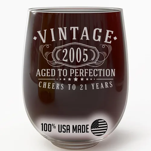 Copa de vino sin tallo grabada vintage 2005 de 17 onzas – Regalos de feliz cumpleaños 21 para ella, decoraciones para hombres y mujeres, chico,