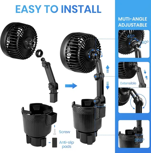 Miniatura 6 de Expansor de portavasos USB 2 en 1, ventilador de refrigeración portátil de 6 pulgadas, giratorio de 360 grados, 2 velocidades, alimentado por USB