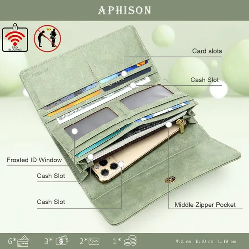 Miniatura 2 de Aphison - Cartera larga de cuero suave RFID para mujer, con caja de regalo
